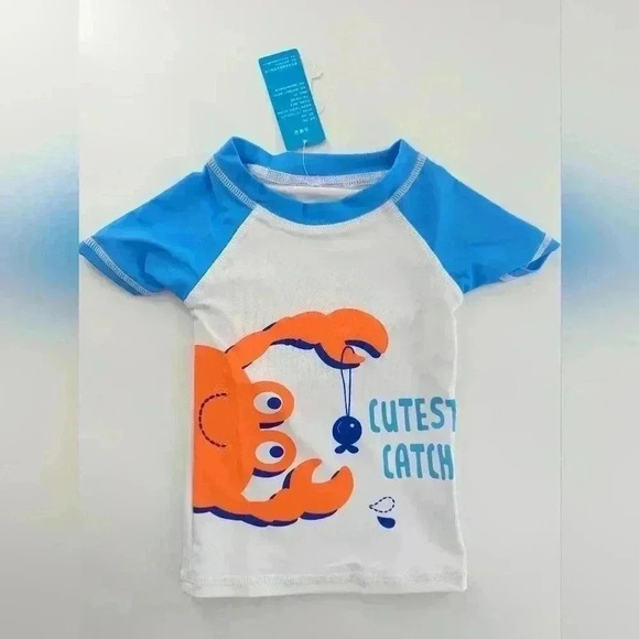 Little Crab Cutest Catch Boys Size 2 Blue And White Swim Top And Shorts - Picture 2 of 6